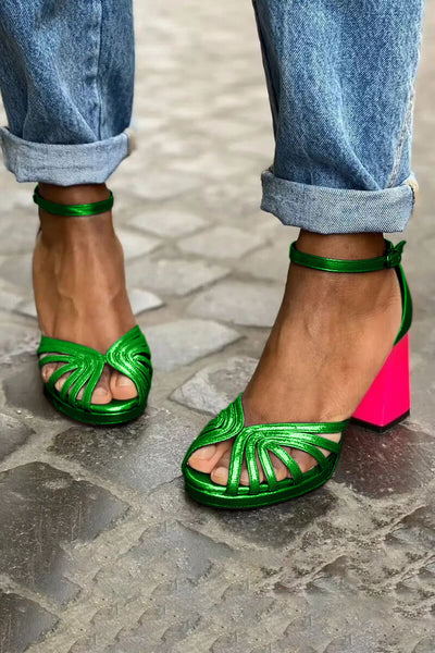 LUMA | Elegant Metallic Heeled Sandal with Fluorescent Heel for a Unique Style