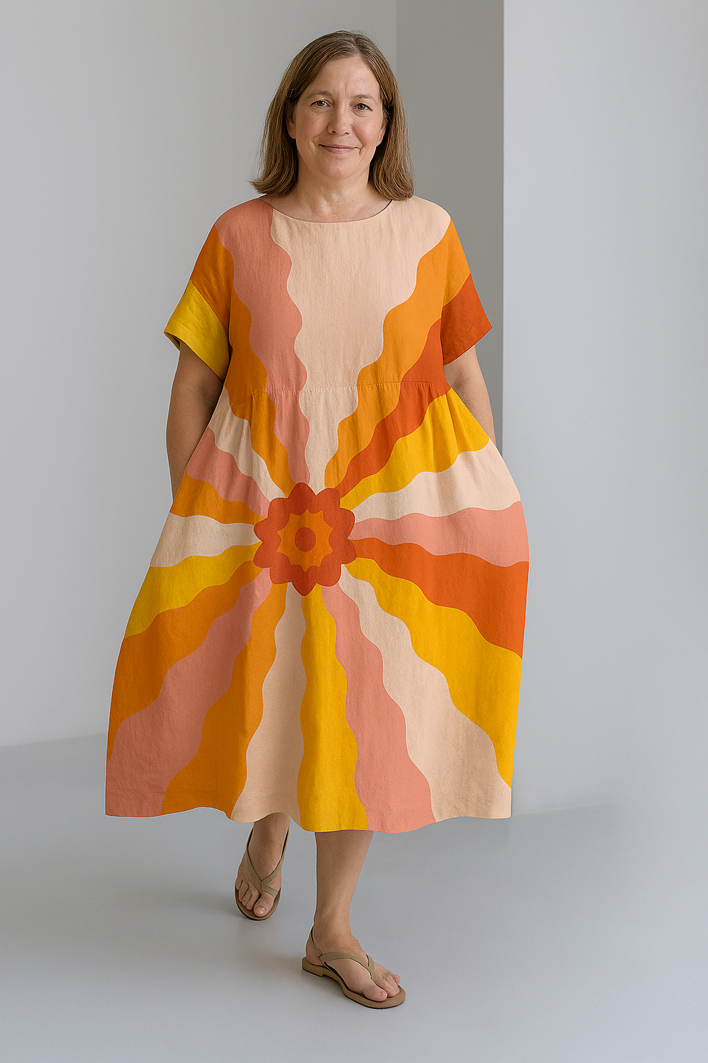 Sienna - Retro Print Tummy Covering Midi Dress