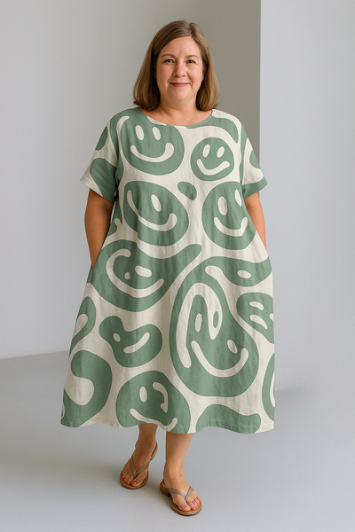 Sienna - Retro Print Tummy Covering Midi Dress