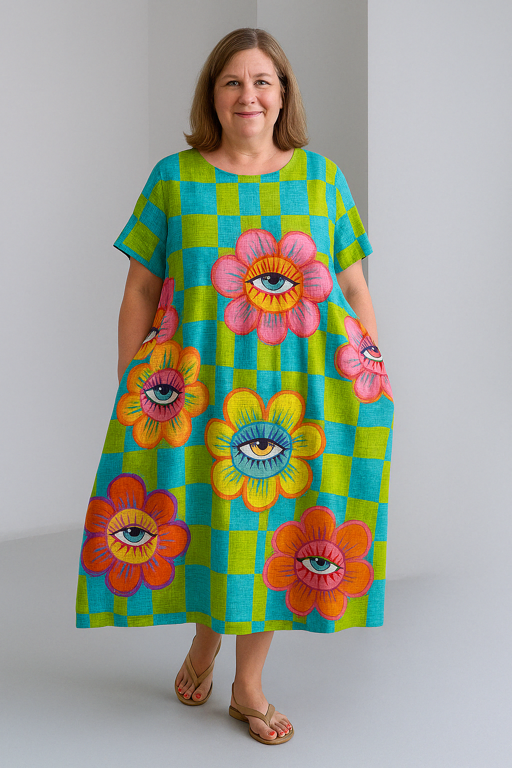 Sienna - Retro Print Tummy Covering Midi Dress