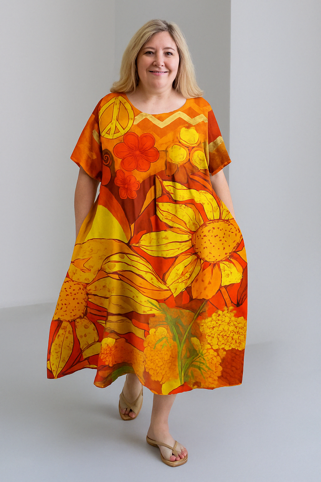 Sienna - Retro Print Tummy Covering Midi Dress