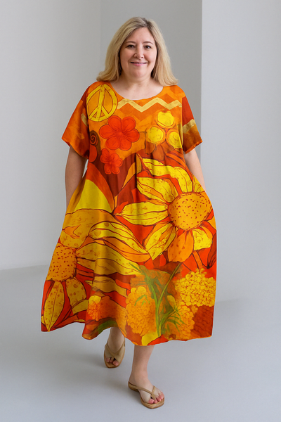 Sienna - Retro Print Tummy Covering Midi Dress