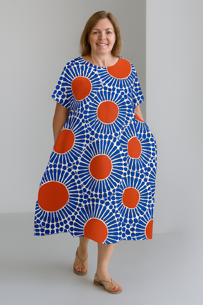 Sienna - Retro Print Tummy Covering Midi Dress