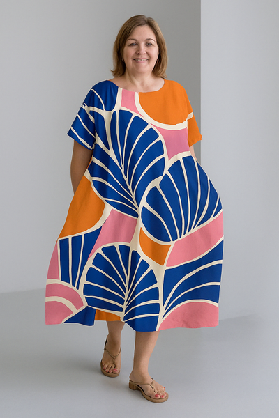 Sienna - Retro Print Tummy Covering Midi Dress