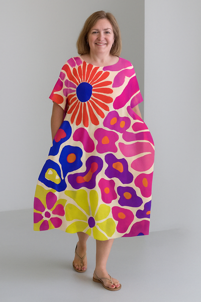 Sienna - Retro Print Tummy Covering Midi Dress