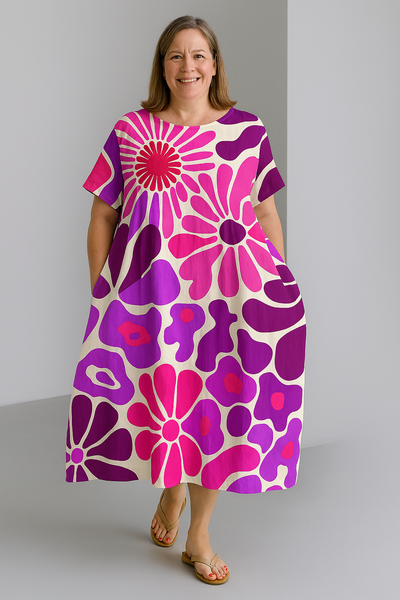 Sienna - Retro Print Tummy Covering Midi Dress
