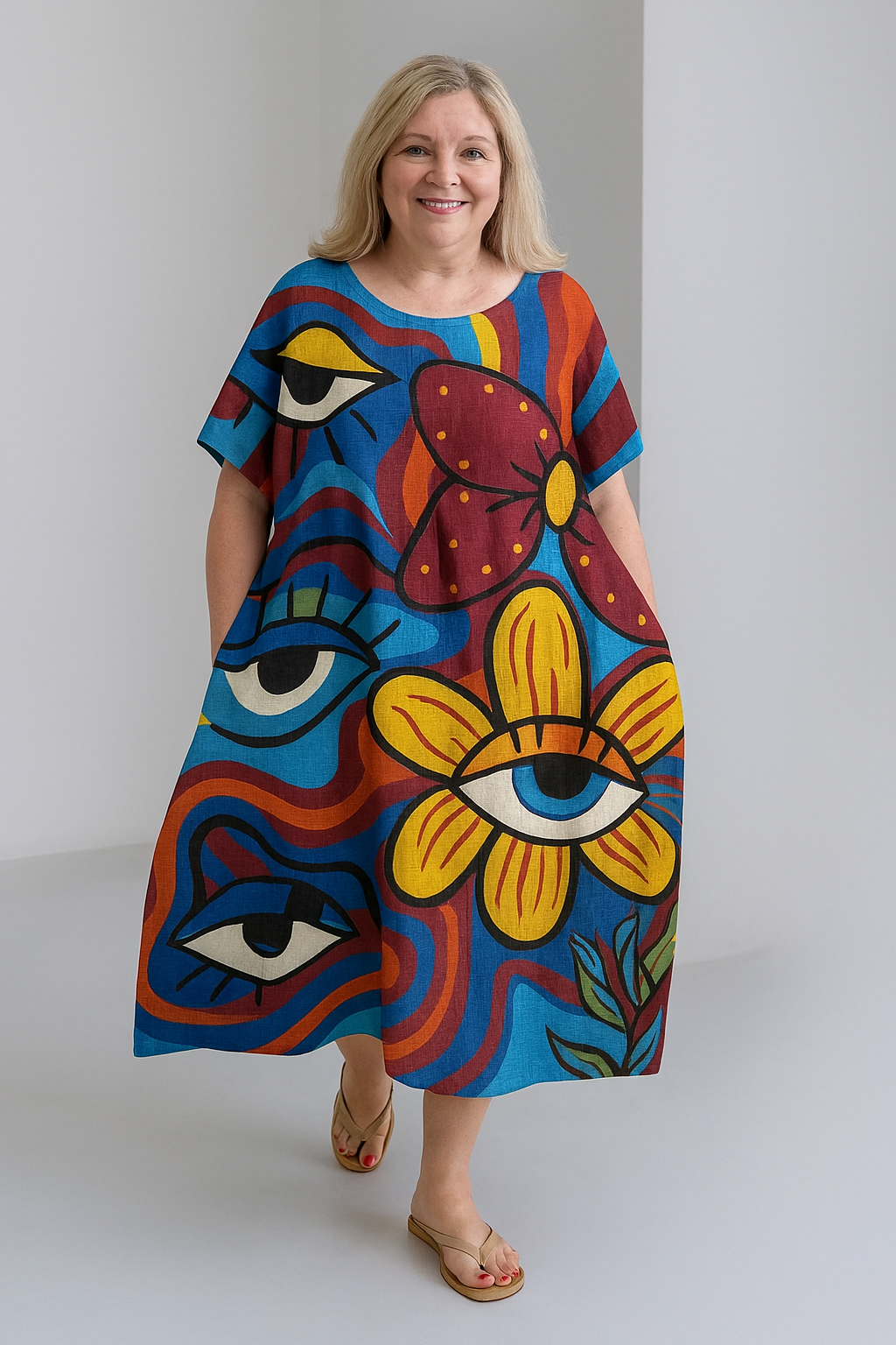 Sienna - Retro Print Tummy Covering Midi Dress