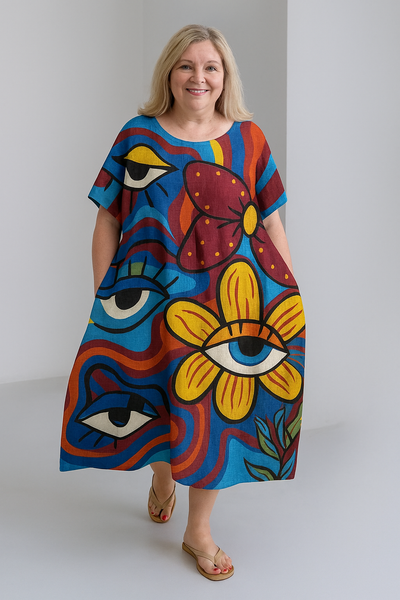 Sienna - Retro Print Tummy Covering Midi Dress