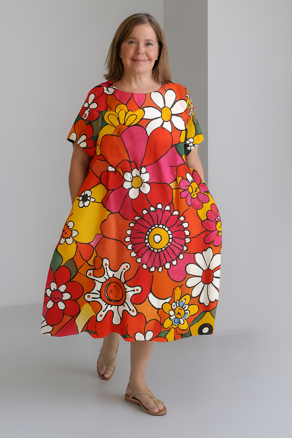 Sienna - Retro Print Tummy Covering Midi Dress