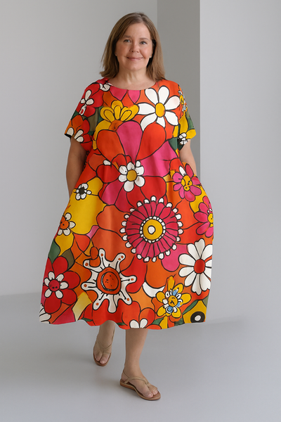 Sienna - Retro Print Tummy Covering Midi Dress