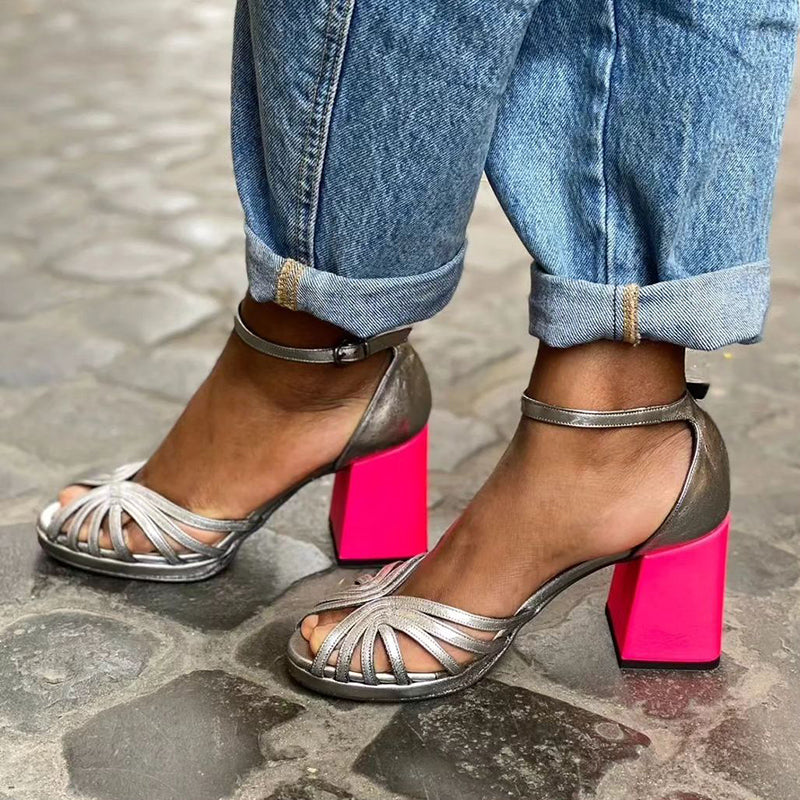 Naelle™ | Shiny sandals with a chunky heel and refined buckle for an elegant style