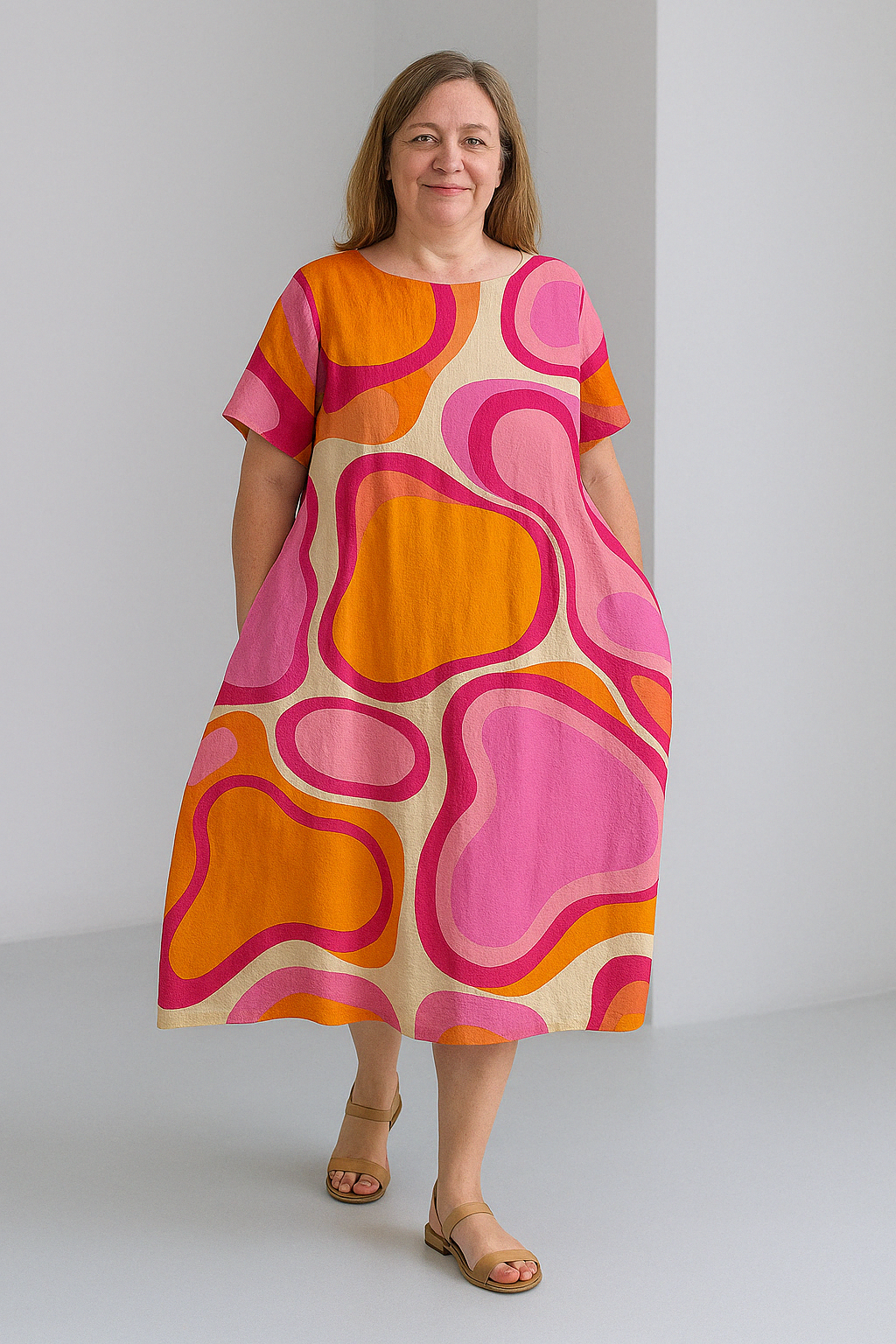 Sienna - Retro Print Tummy Covering Midi Dress