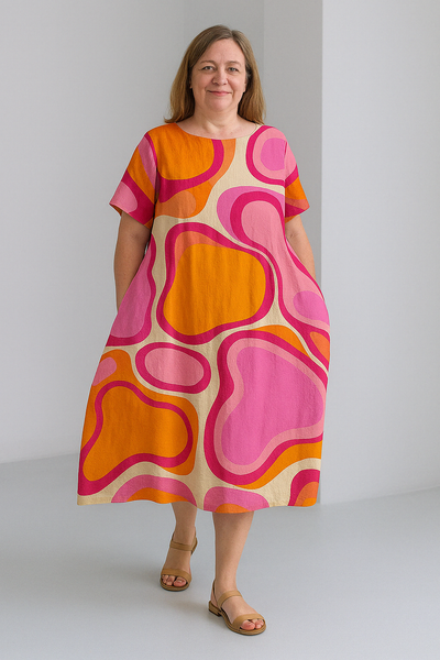 Sienna - Retro Print Tummy Covering Midi Dress