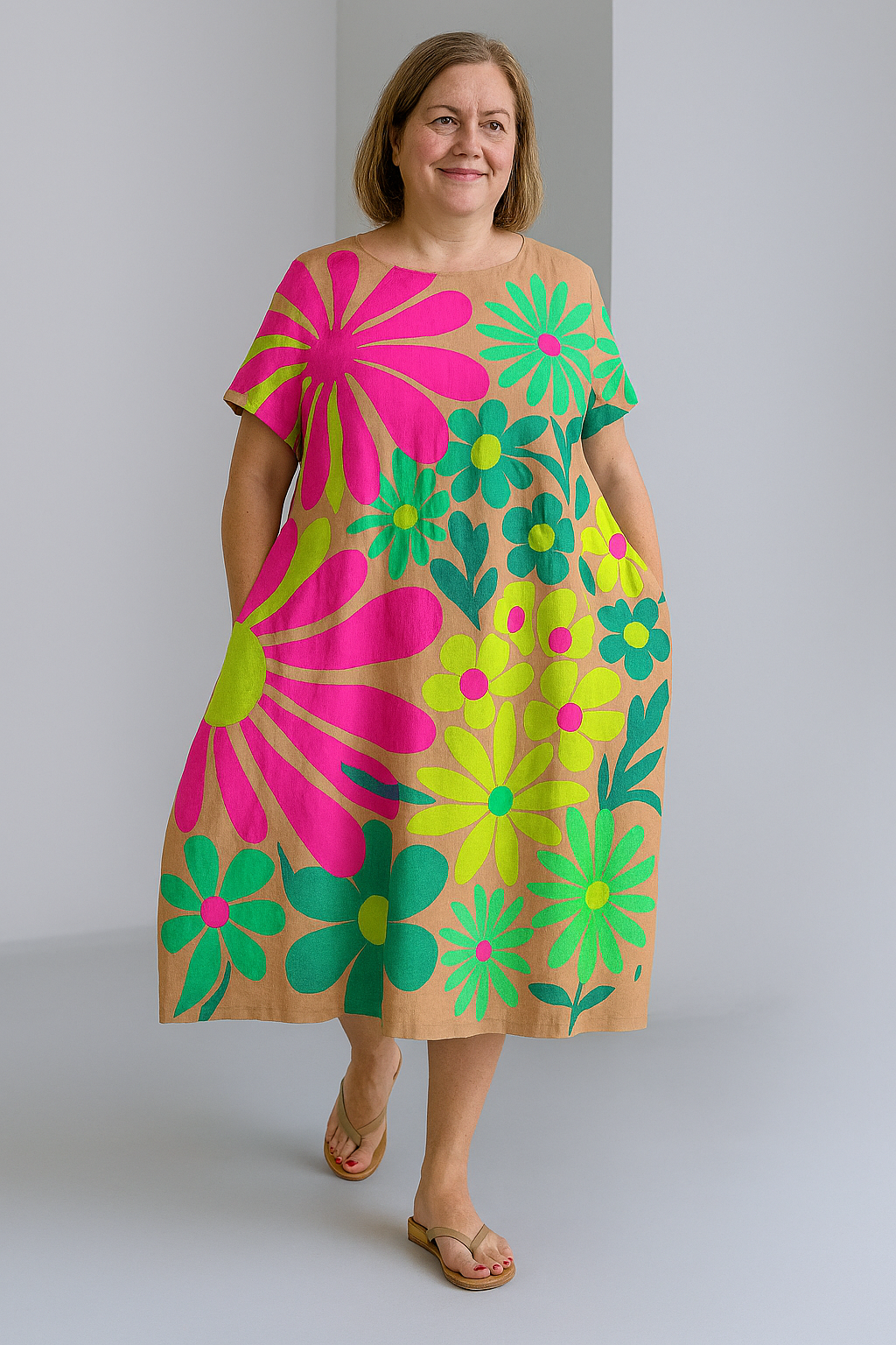Sienna - Retro Print Tummy Covering Midi Dress