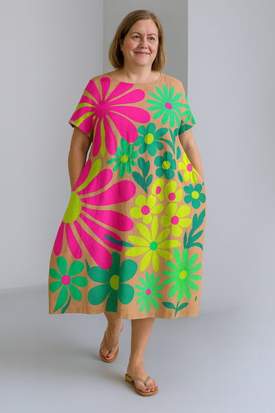 Sienna - Retro Print Tummy Covering Midi Dress