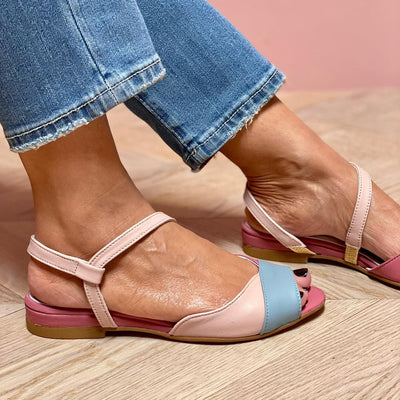 Ellela™ | Elegant asymmetric pink sandals with color block details