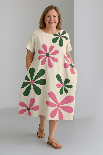 Sienna - Retro Print Tummy Covering Midi Dress